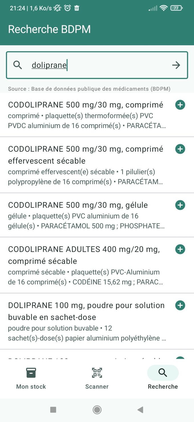 Recherche officielle BDPM — capture de l’application