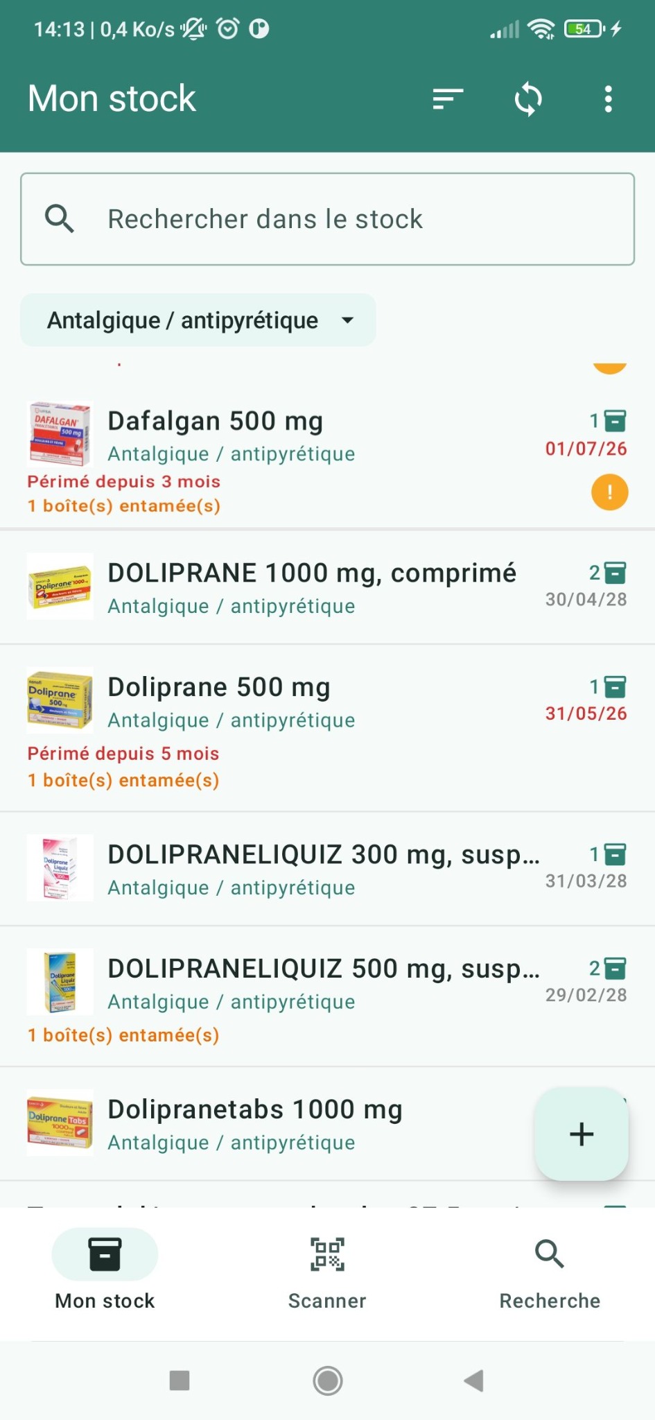 Aperçu du stock de médicaments avec dates de péremption et alertes